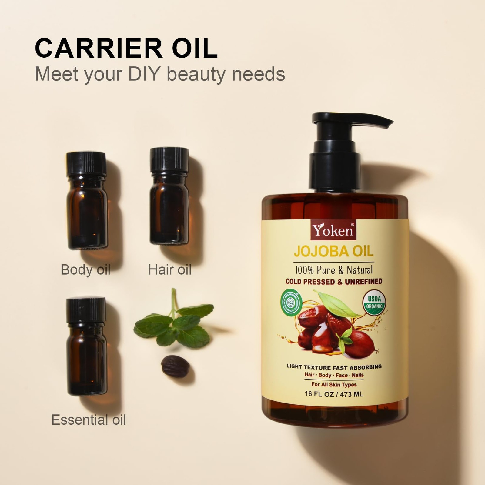 Yoken Pure Jojoba Oil Organic USDA Certified 16 fl oz, 100% Natural Jojoba Oi…