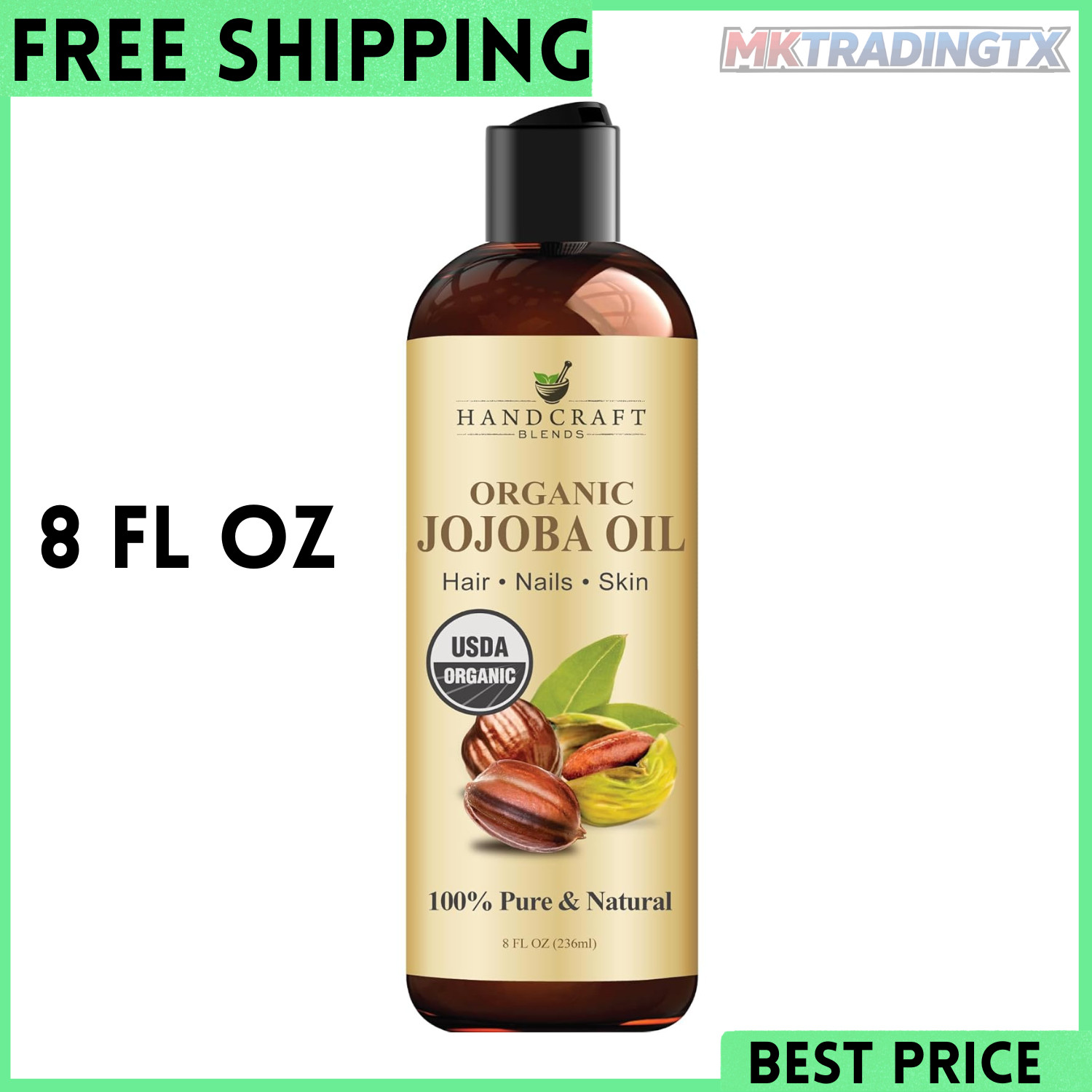 Handcraft USDA Organic Jojoba Oil 8 fl. oz – 100% Pure & Natural for Skin, Face,