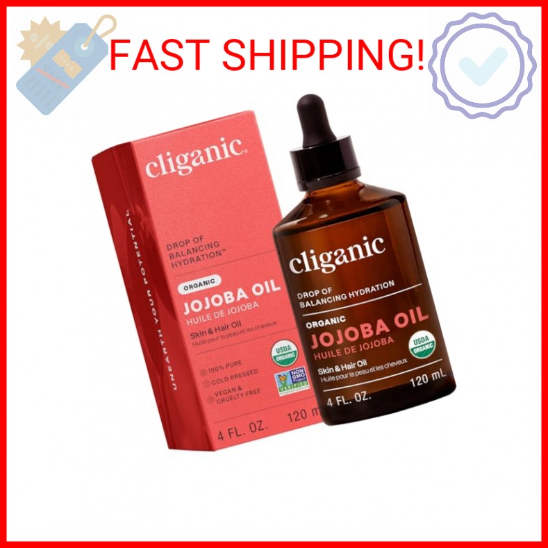 Cliganic Organic Jojoba Oil, 100% Pure (4oz) | Moisturizing for Face, Hair, Skin