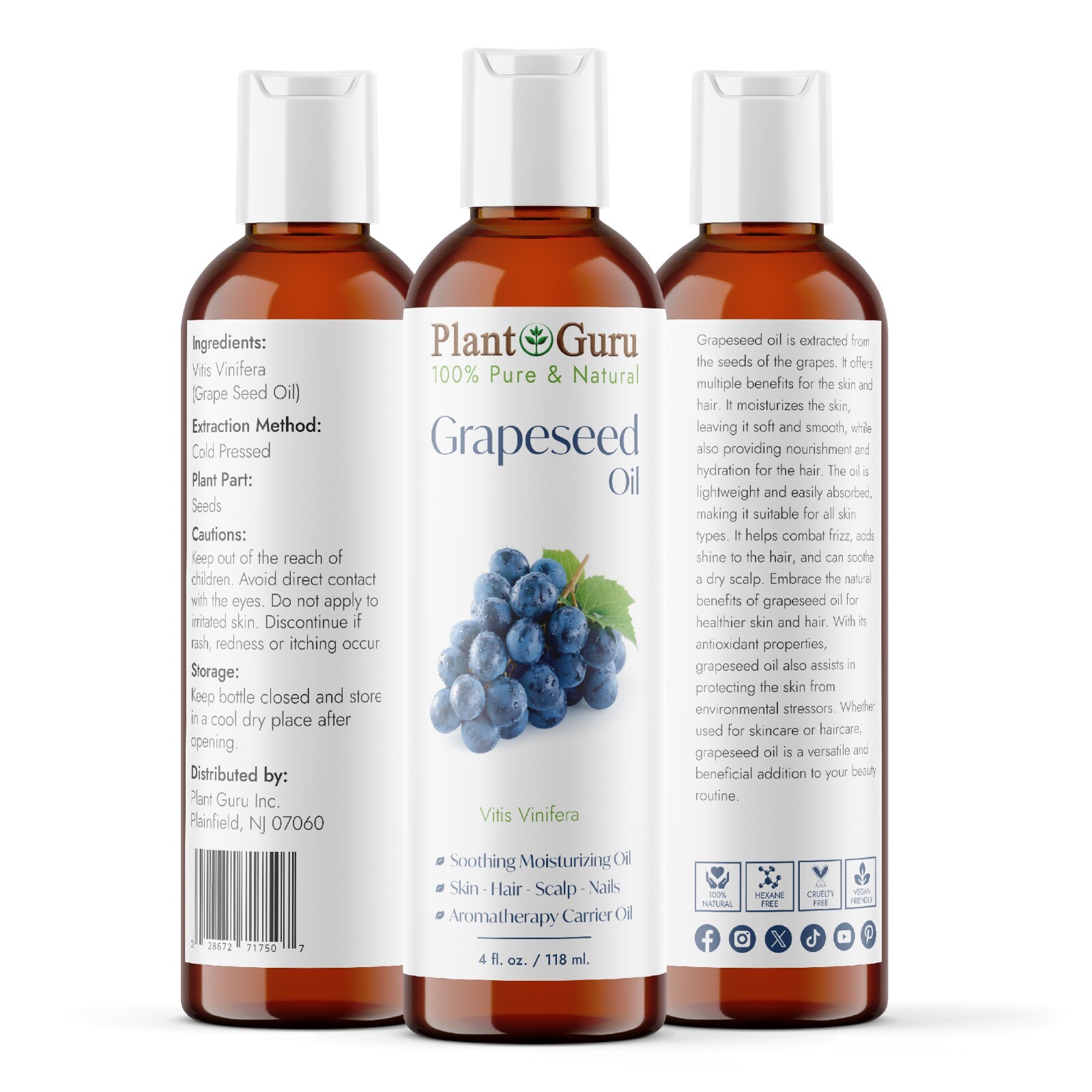 Grapeseed Oil 4 oz. Cold Pressed 100% Pure Natural For Skin, Face, Hair, Massage