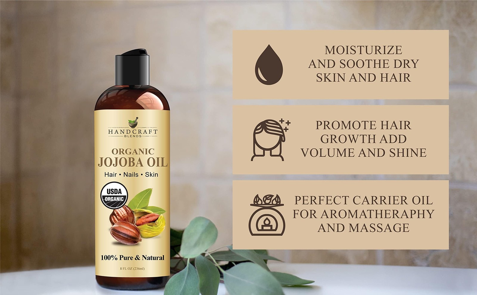USDA Organic Jojoba Oil Cold Pressed 8 Fl Oz 100% Pure & Natural for Hair Skin &