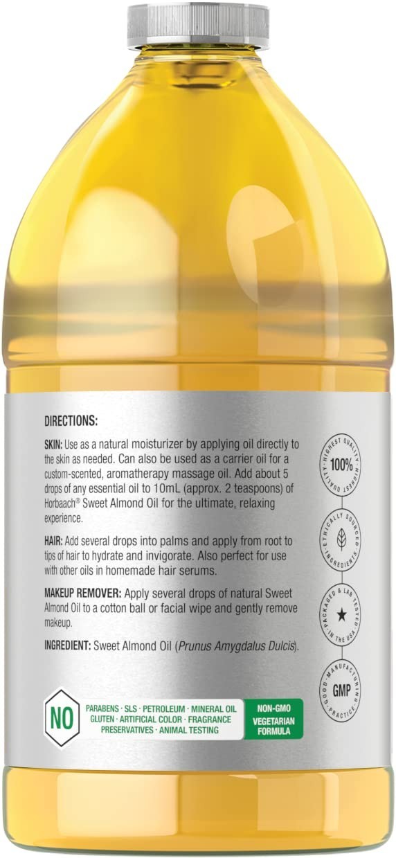 Moisturizing Sweet Almond Oil, 64 Oz Bottle for Dryness Relief and Anti-Aging