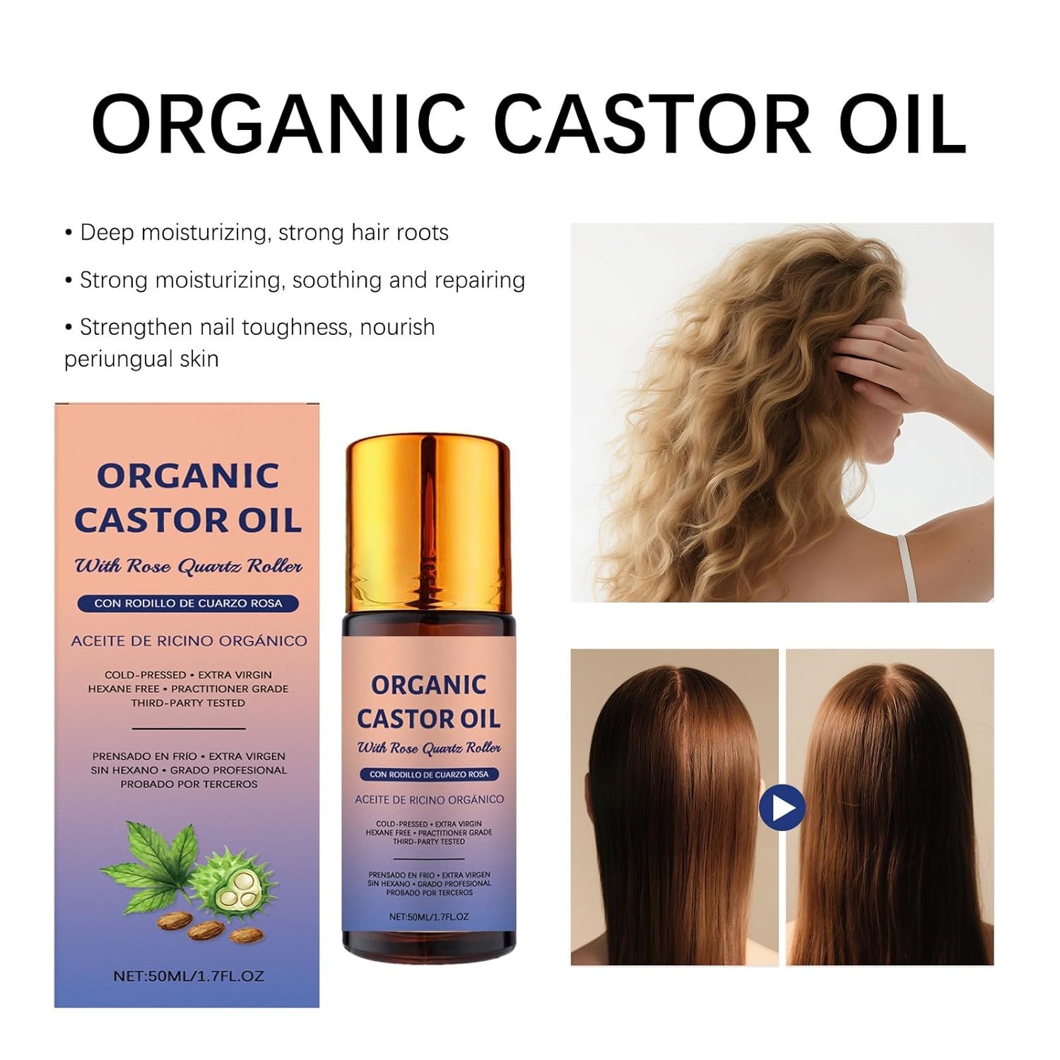 Organic Castor Oil with Rose Quartz Roller,Cold-Pressed Pure Organic Castor Oil~