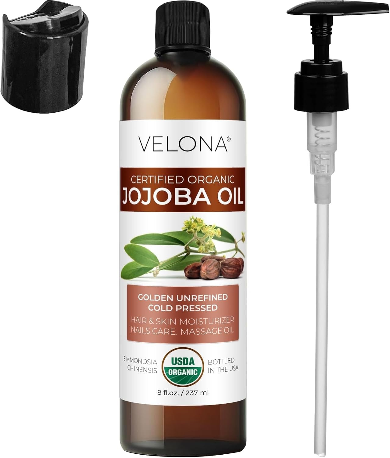 Velona USDA Certified Organic Jojoba Oil – 8 Fl Oz Golden Unrefined Cold Pressed