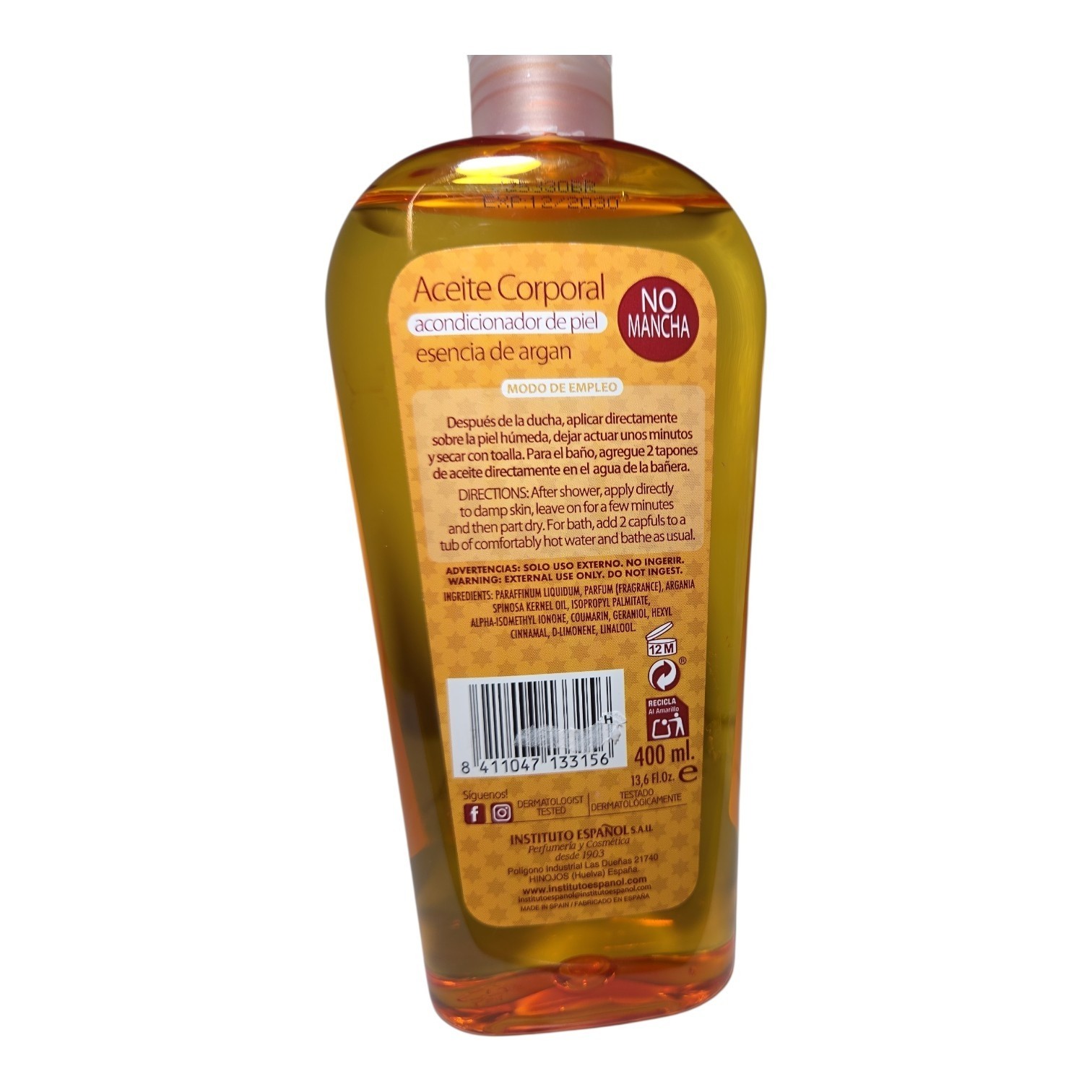 Instituto Español Argan Body Oil 13.6 fl oz Unisex Amber No Mancha Argan