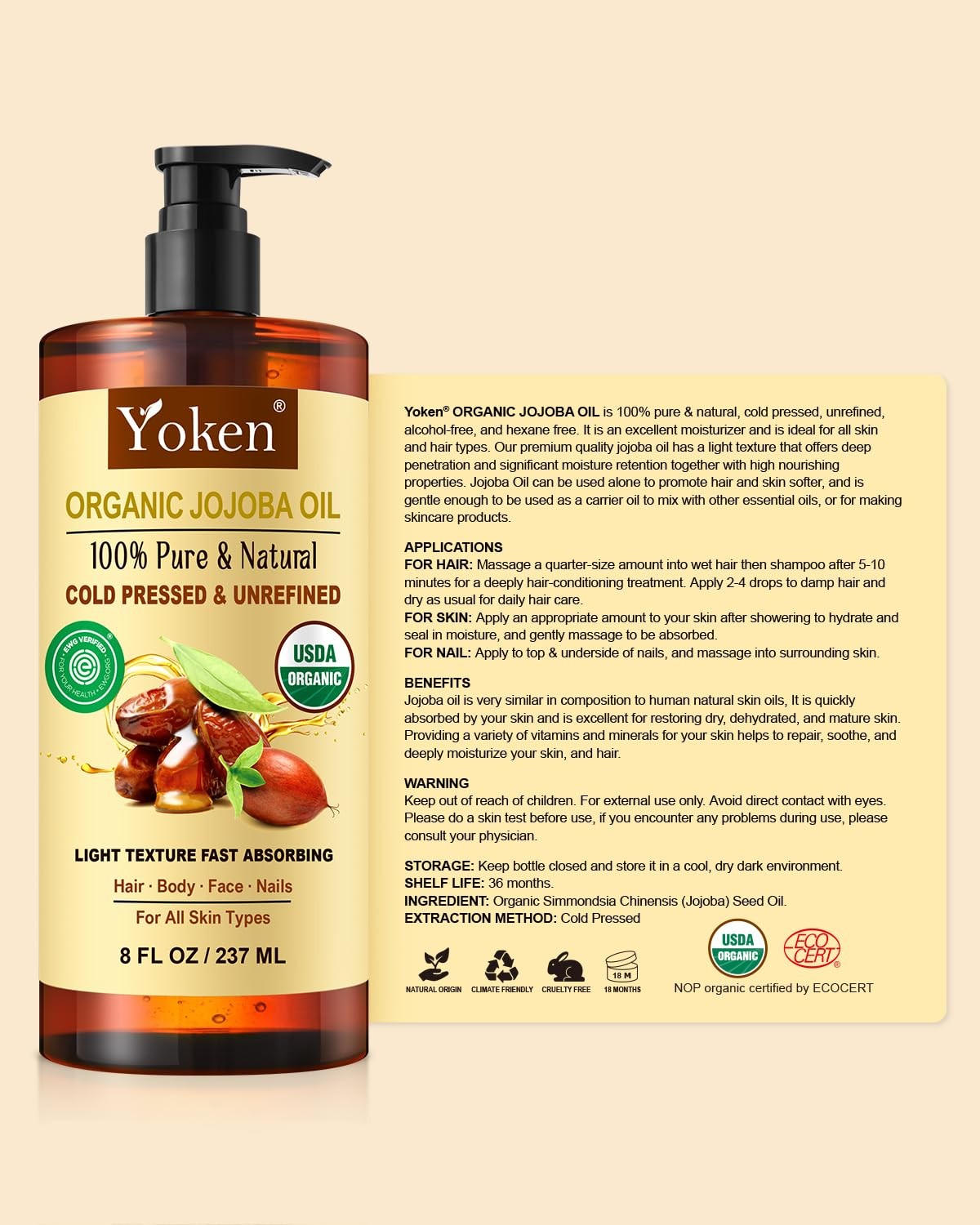 Yoken USDA Organic Jojoba Oil Cold Pressed 8 fl oz, 100% Pure & Natural Unrefine