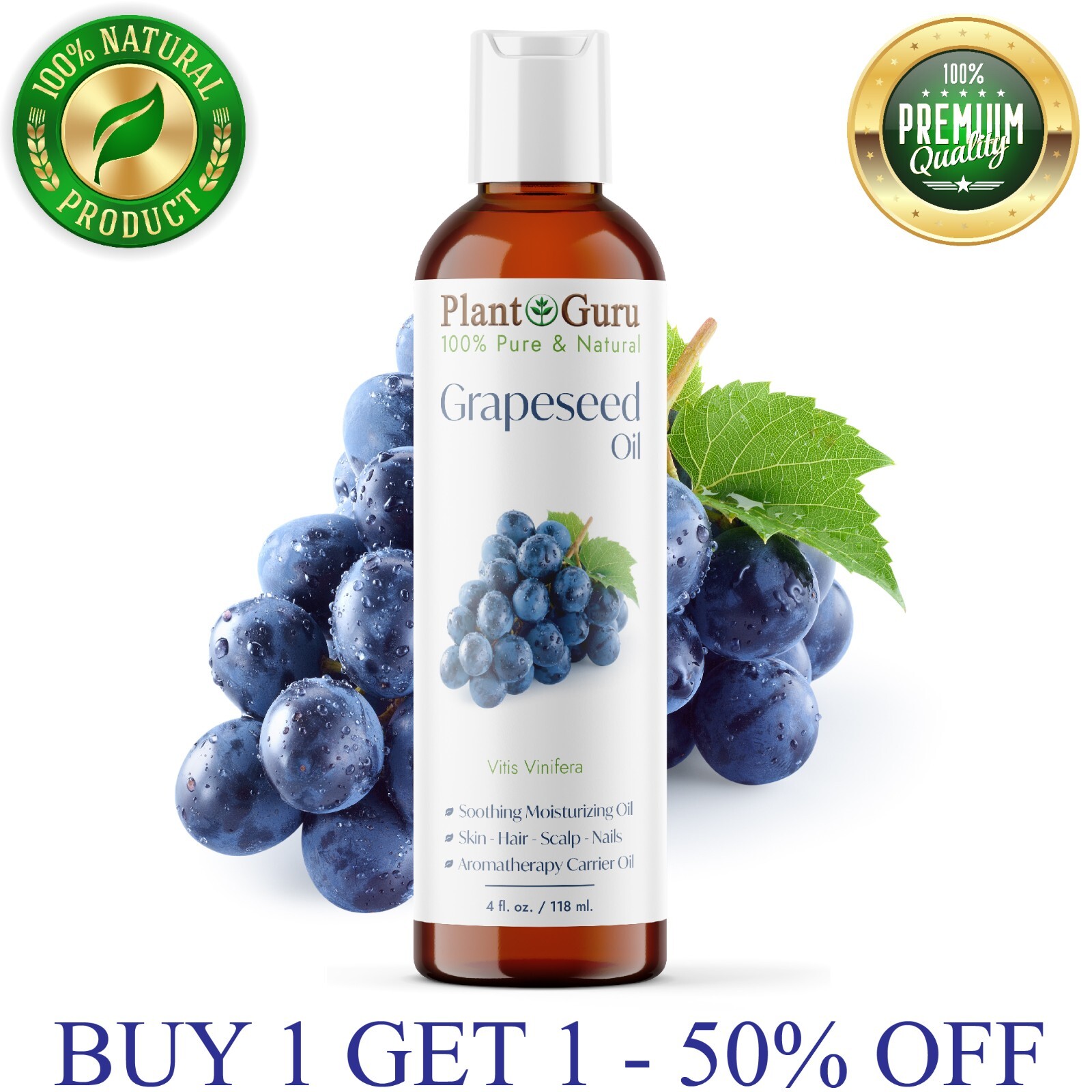 Grapeseed Oil 4 oz. Cold Pressed 100% Pure Natural For Skin, Face, Hair, Massage