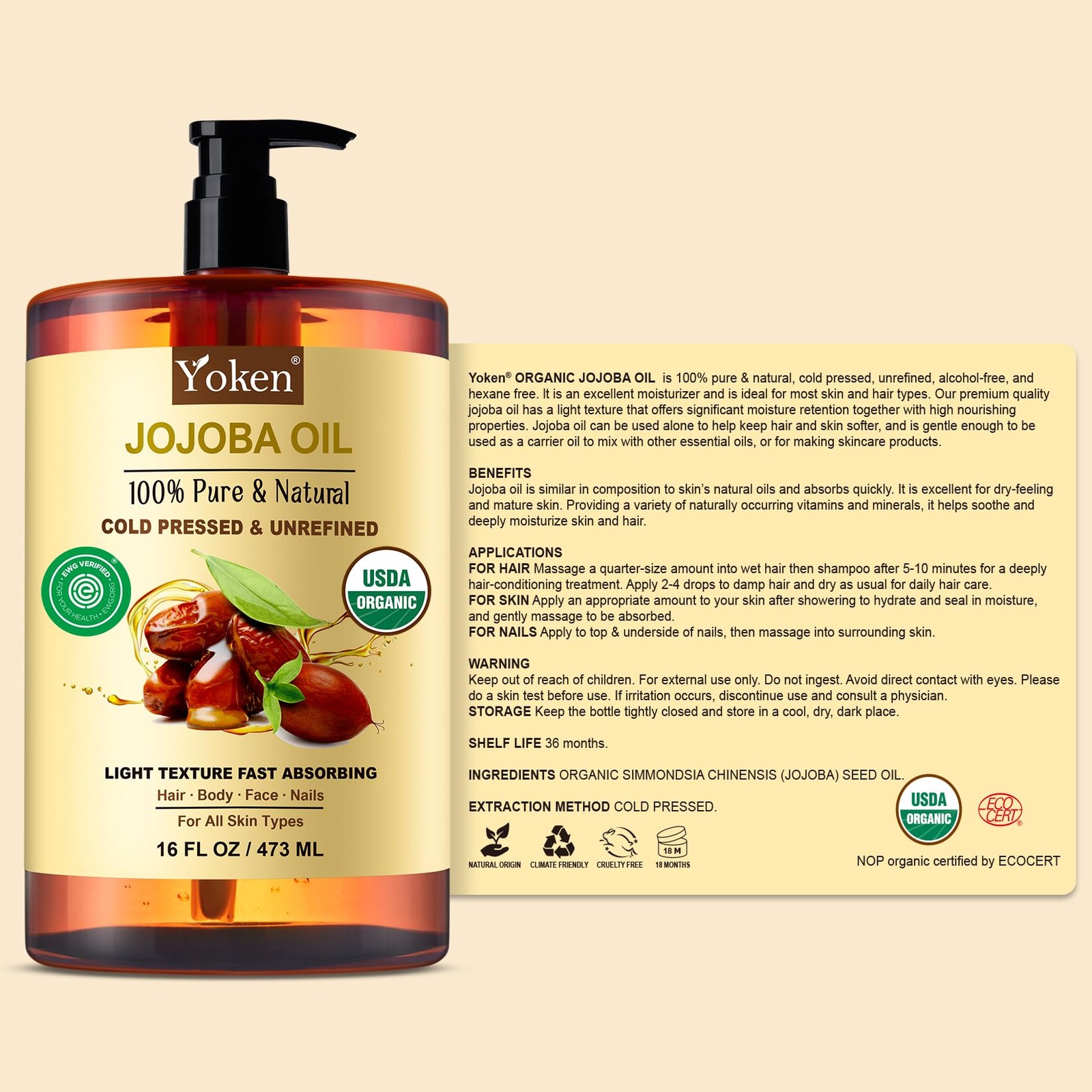 Pure Jojoba Oil Organic USDA Certified 16 fl oz, 100% Natural Jojoba Oil for …
