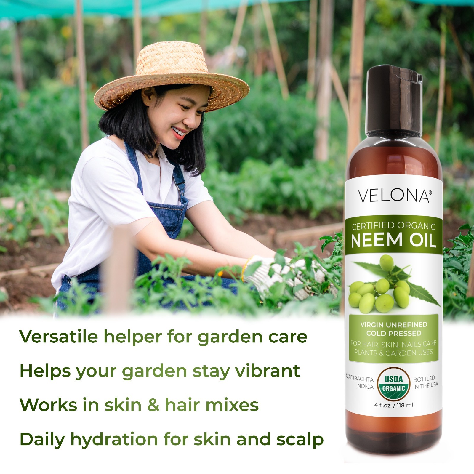 Velona Neem Oil USDA Certified Organic – 4 oz Virgin, Unrefined, Cold Pressed