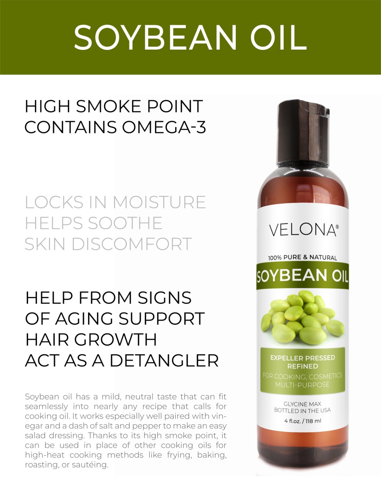 Velona Soybean Oil – 4 oz | 100% Pure and Natural Carrier Oil | Refined Cooking