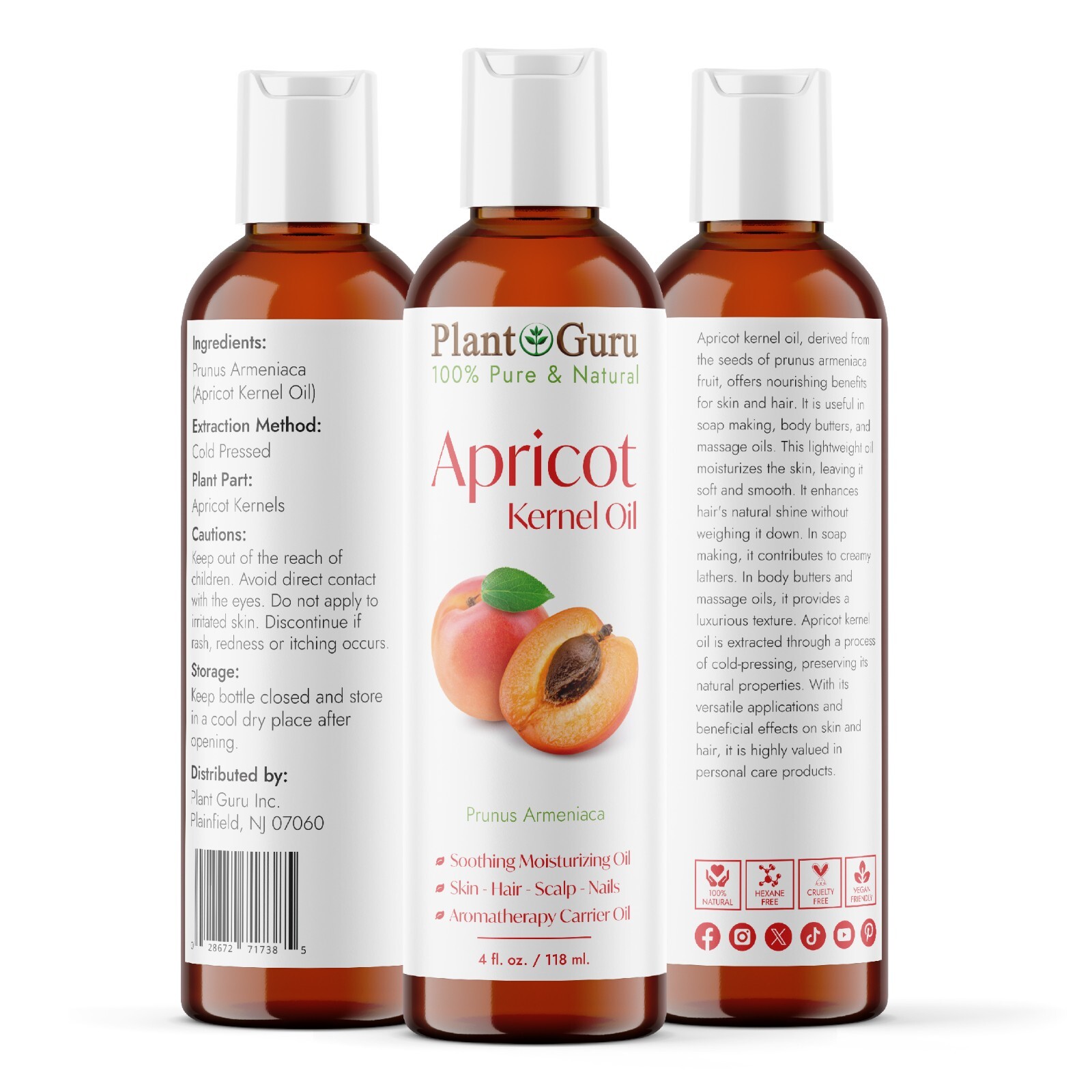 Apricot Kernel Oil 4 oz. 100% Pure Natural Seed Carrier For Skin, Hair, Face