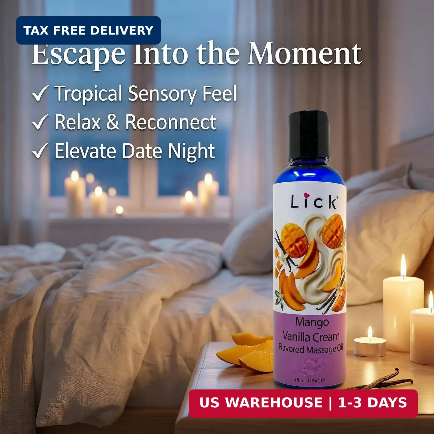 Lick Mango Vanilla Cream Flavored Massage Oil – Tropical Edible Massage Oil with