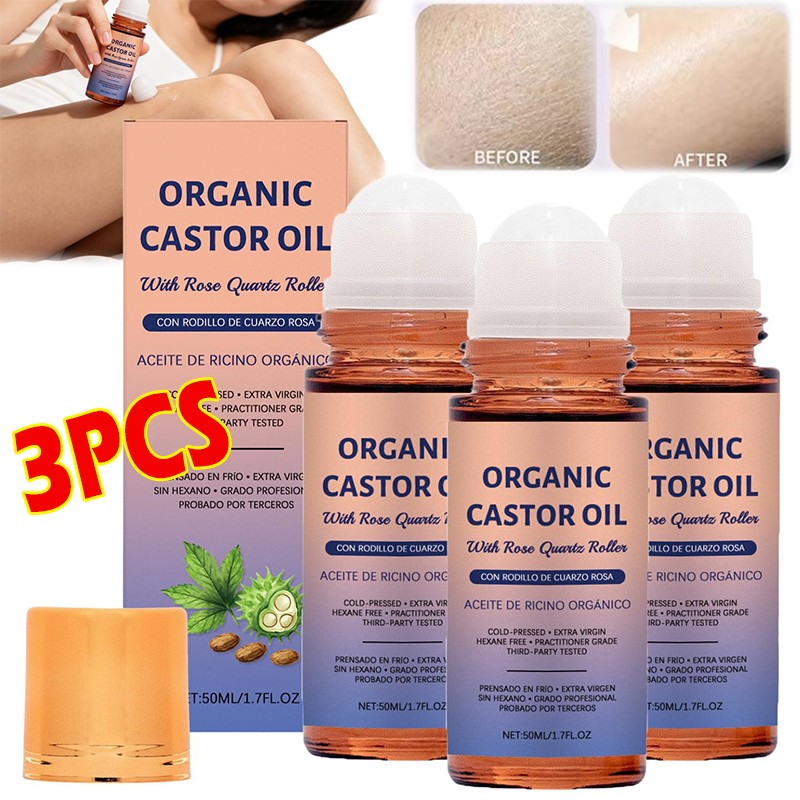 3pcs Organic Golden Castor Oil Roll-On with Rose Quartz for Skin,Hair&Wrinkle
