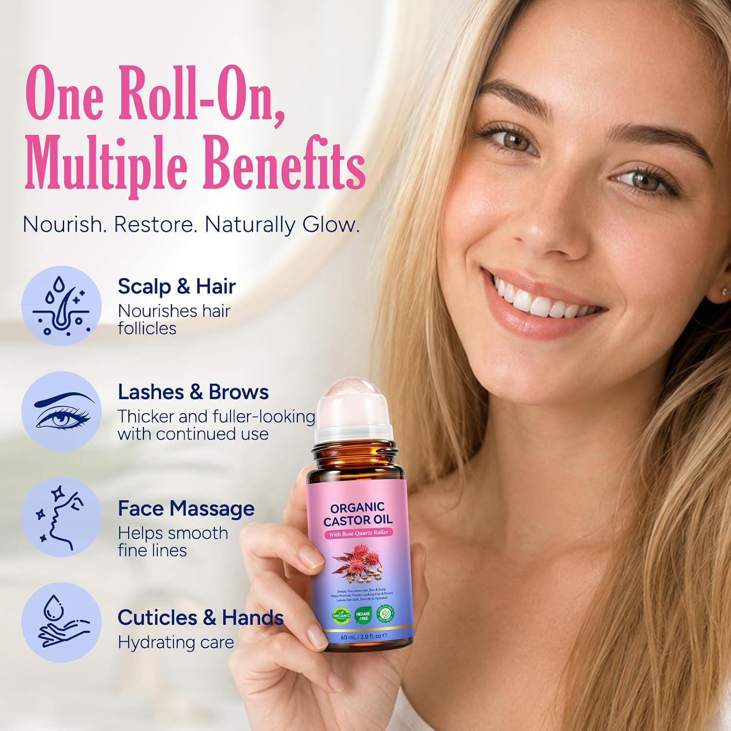 Organic Castor Oil Rose Quartz Roller Ball (2.0 Fl Oz), Pure Cold-Pressed | Cast