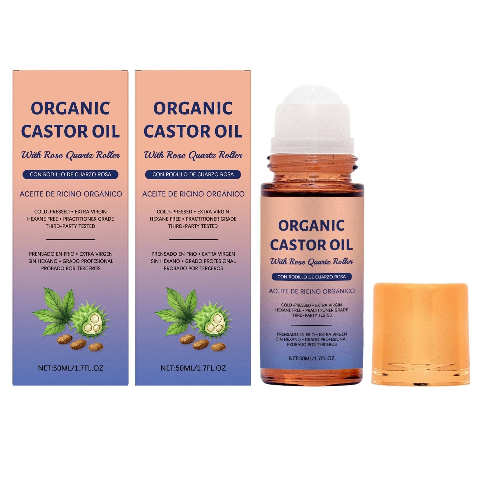 1~3pcs Organic Golden Castor Oil Roll-On with Rose Quartz for Skin,Hair&Wrinkle