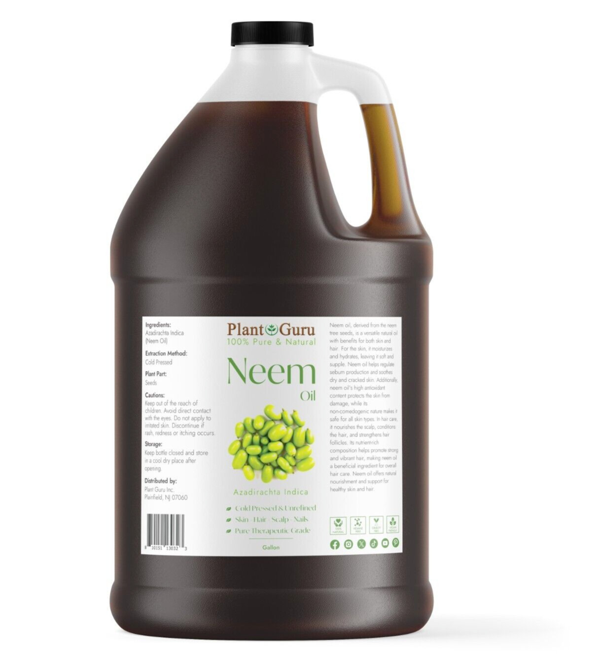 Neem Oil Gallon 7.5 lbs. Cold Pressed Unrefined Virgin 100% Pure Natural Raw