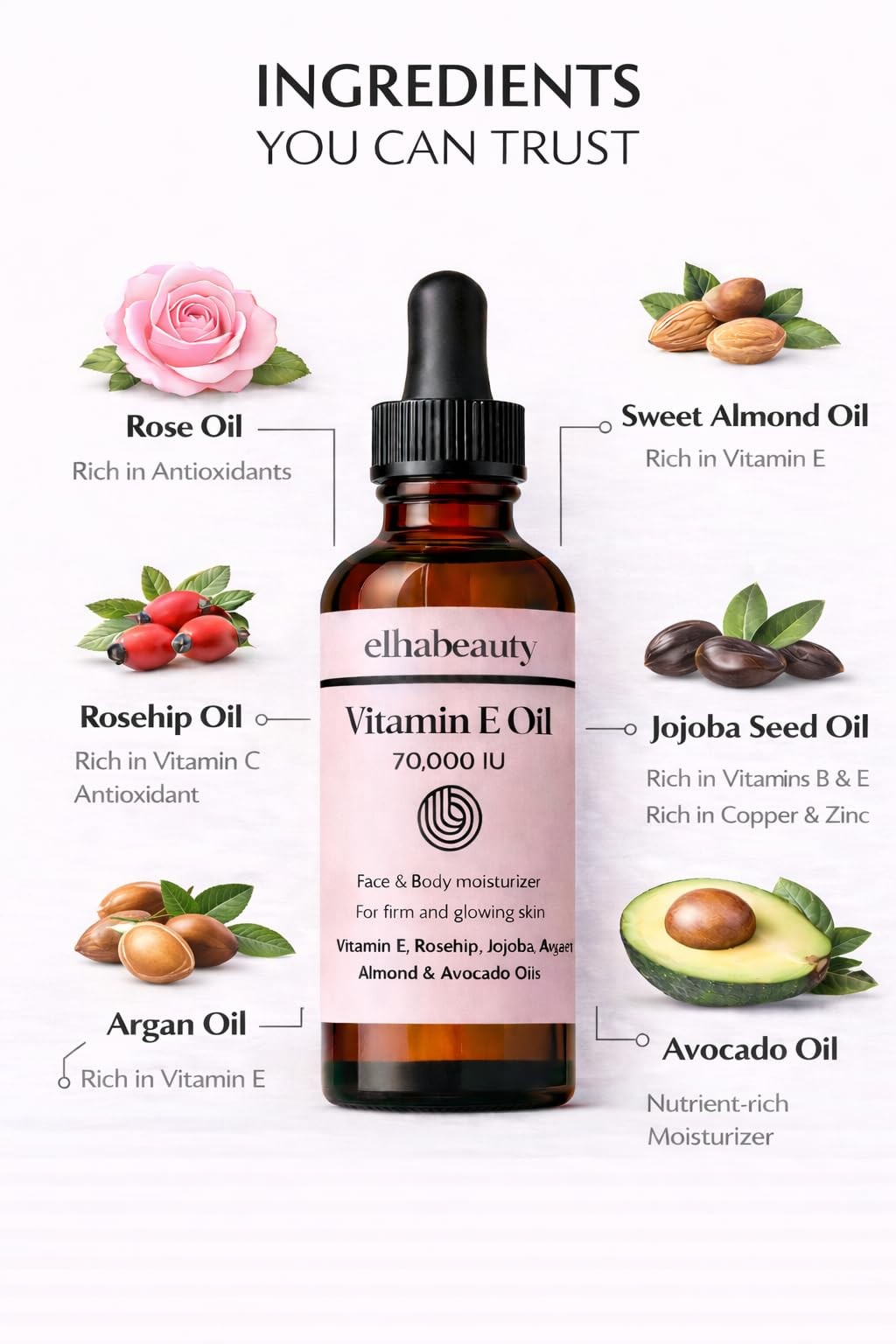 Elha Beauty Vitamin E Rose Oil with Organic Rosehip, Avocado, Jojoba, Argan a…