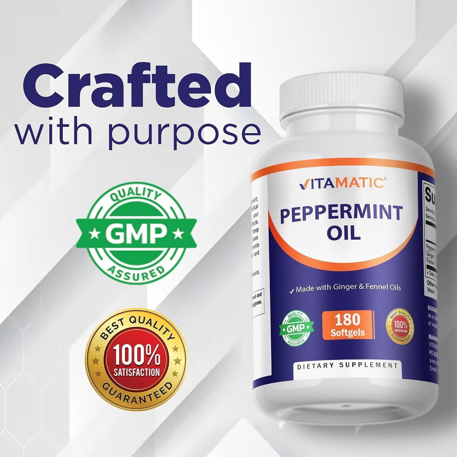Natural Digestive Health: Peppermint Oil Gel with Ginger & Fennel, 180 Softgels