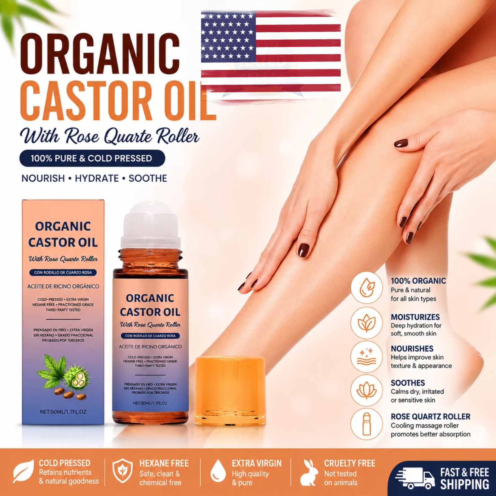 1Bottle Organic Golden Castor Oil Roll-On with Rose Quartz for Skin,Hair&Wrinkle