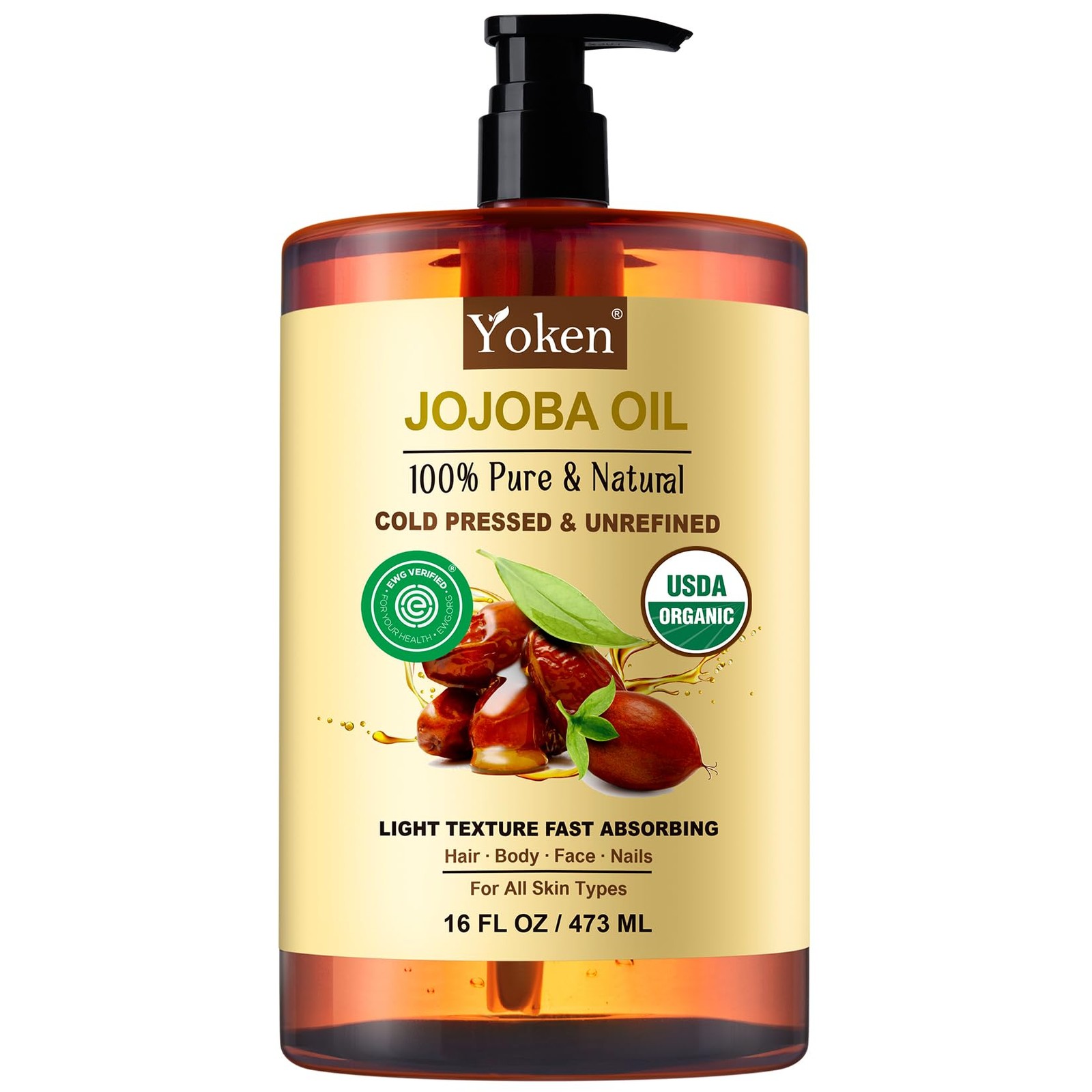 Yoken Pure Jojoba Oil Organic USDA Certified 16 fl oz, 100% Natural Jojoba Oi…