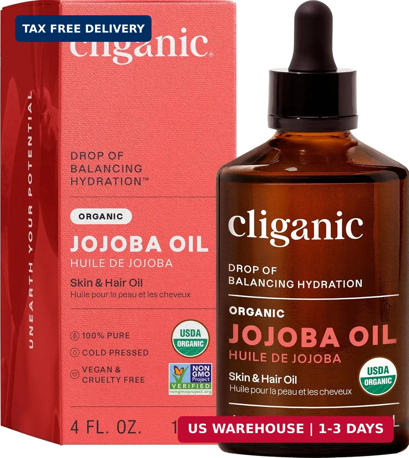 Cliganic Organic Jojoba Oil, 100% Pure (4oz) | Moisturizing for Face, Hair, Skin