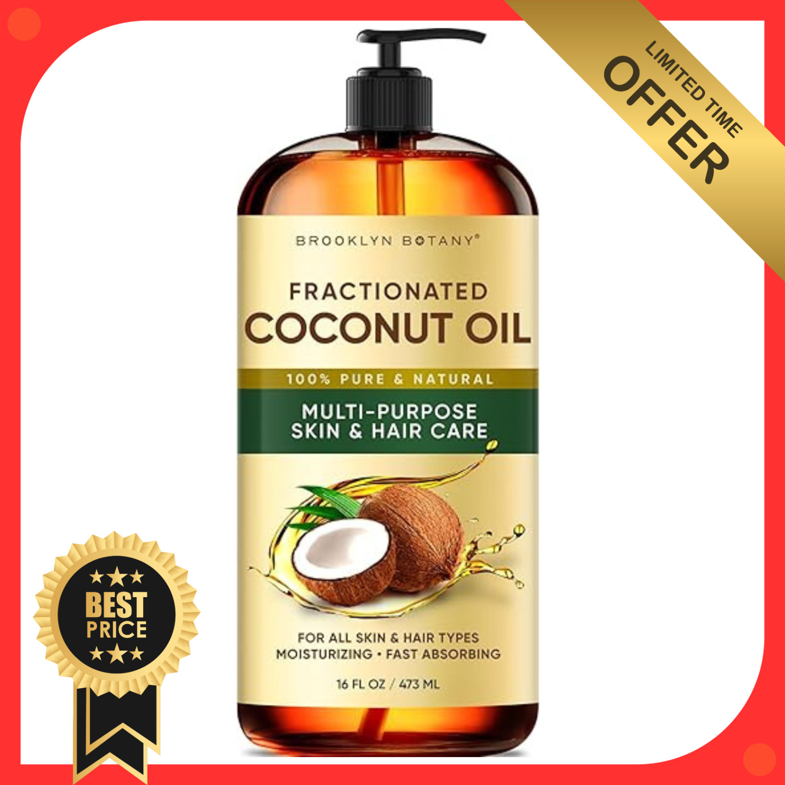Fractionated Coconut Oil 16oz 100% Pure Carrier Oil for Skin & Hair.