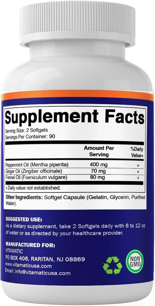 Natural Digestive Health: Peppermint Oil Gel with Ginger & Fennel, 180 Softgels