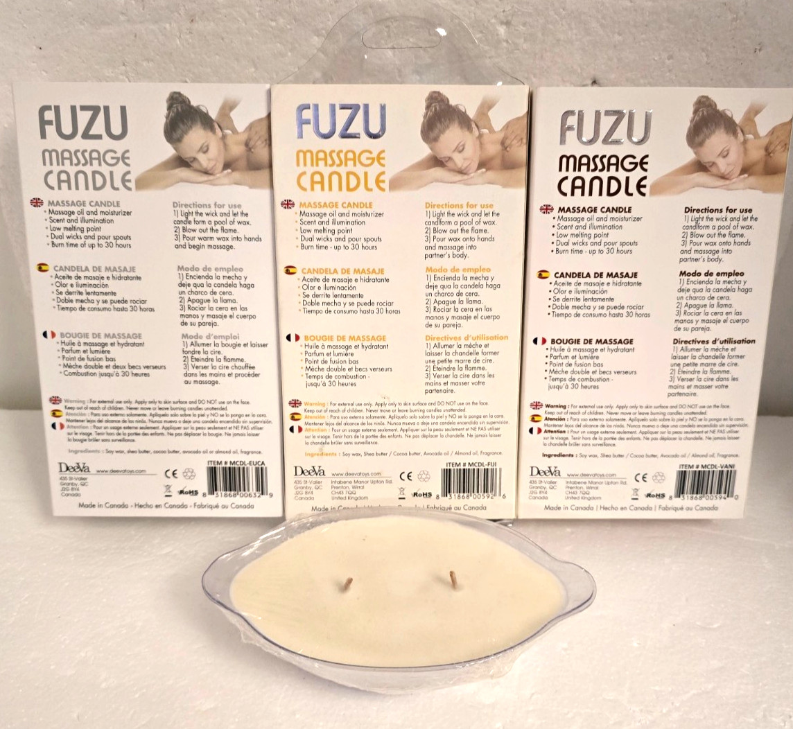 3 Pack DEAL! FUZU Massage Candle / Oil 4oz ea, Dual Wicks / 30hrs