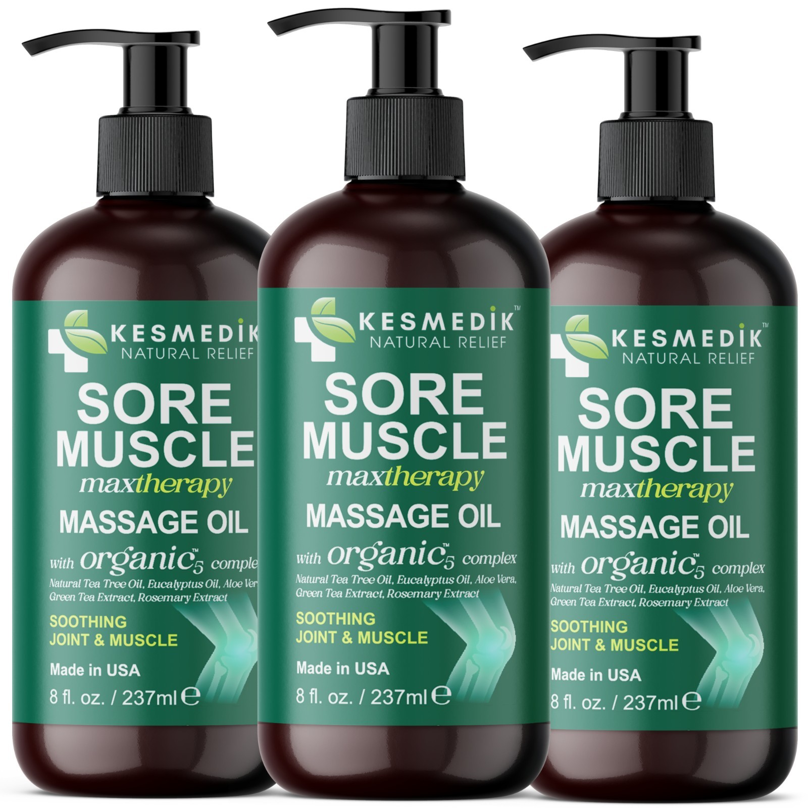 Sore Muscle Massage Oil 8 oz 3-Pack Arnica Eucalyptus Tea Tree Deep Relief
