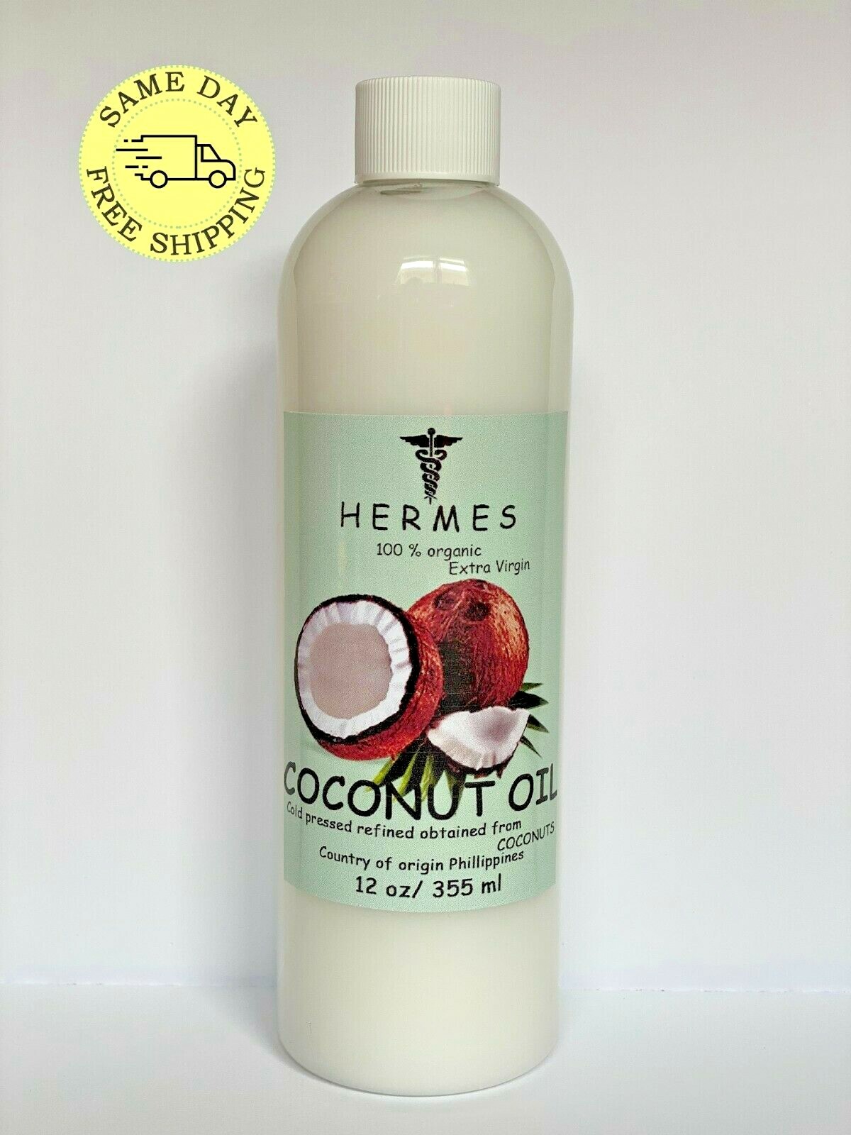 COCONUT OIL EXTRA VIRGIN by HERMES ORGANIC UNREFINED COLD PRESSED 12 oz