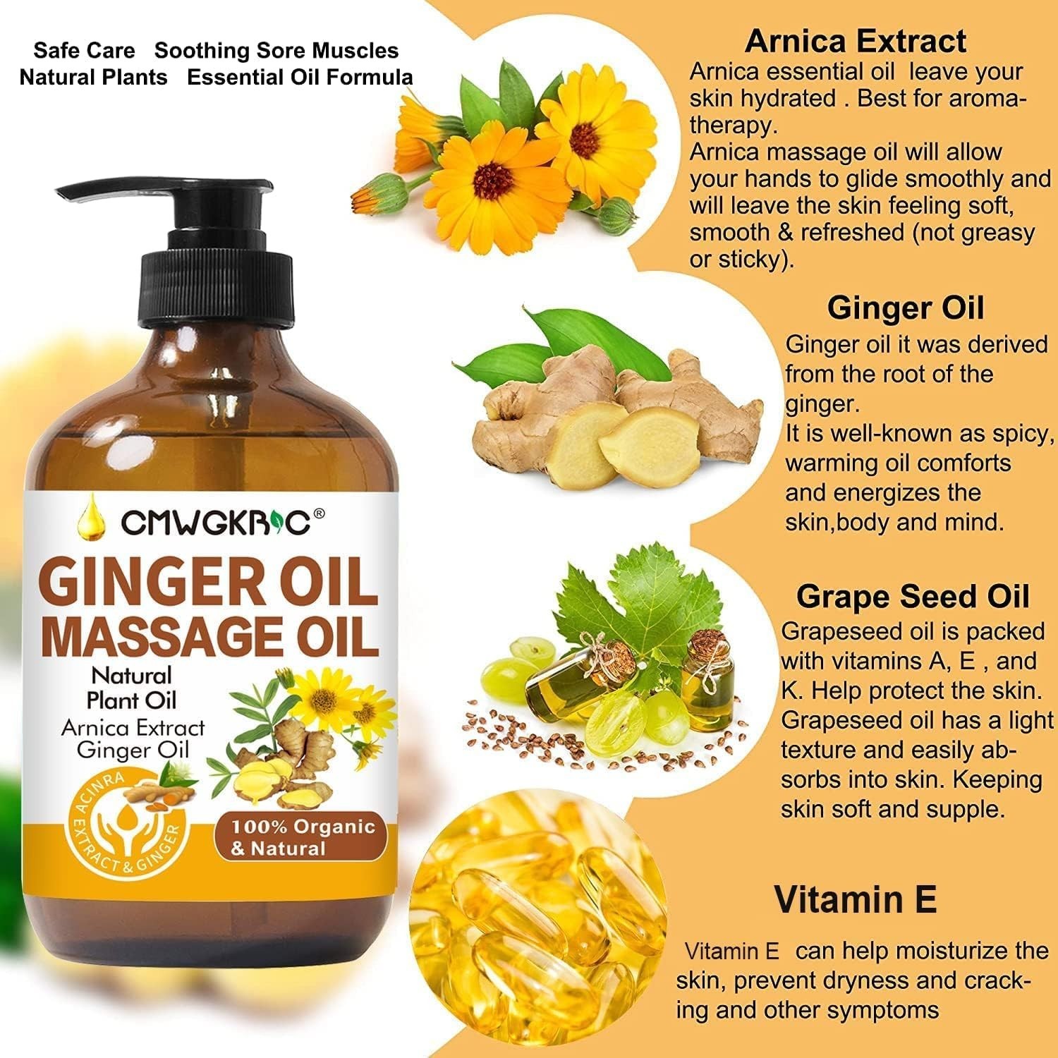 Oil for Skin,Arnica Oil,Sore Muslce Massage Oil,Spa Ginger Oil-Warming and Relax