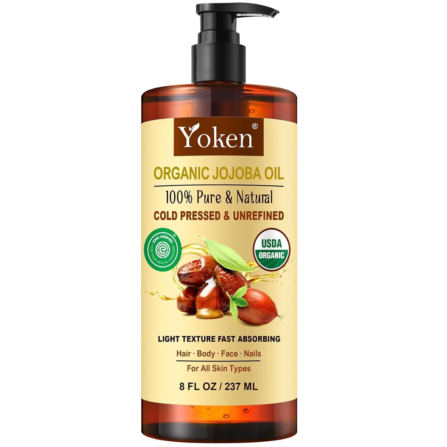 USDA Organic Jojoba Oil Cold Pressed 8 fl oz, 100% Pure & Natural Unrefined Jojo
