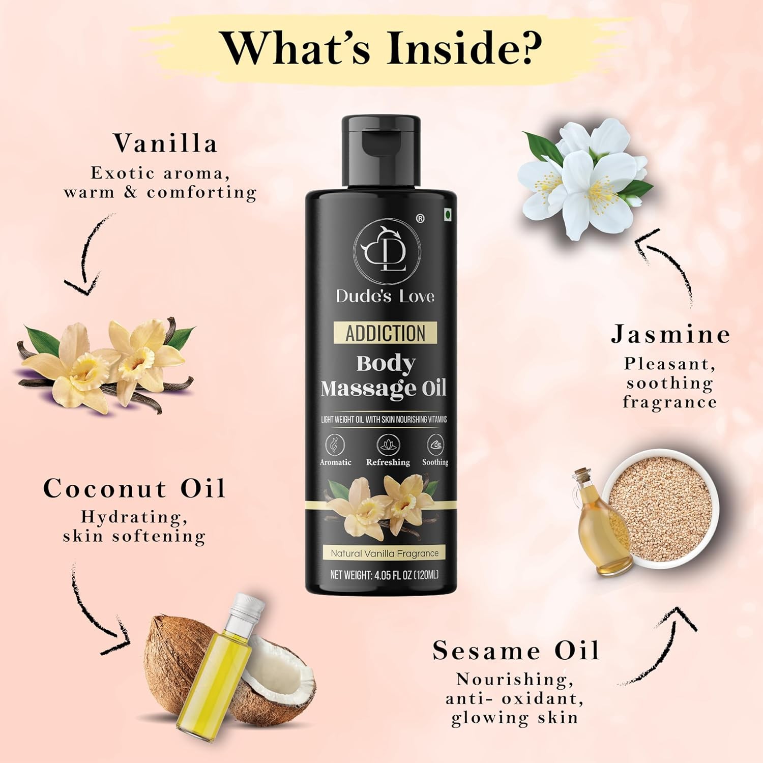 Organic Vanilla & Jasmine Full Body Massage Oil | Non-Sticky & No-Stain | 4.05 F