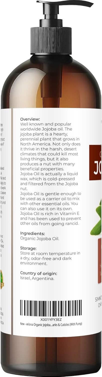 Velona USDA Certified Organic Jojoba Oil – 8 Fl Oz Golden Unrefined Cold Pressed