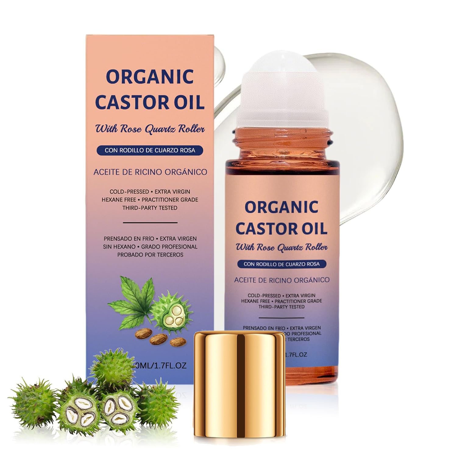 Organic Castor Oil with Rose Quartz Roller,Cold-Pressed Pure Organic Castor Oil~