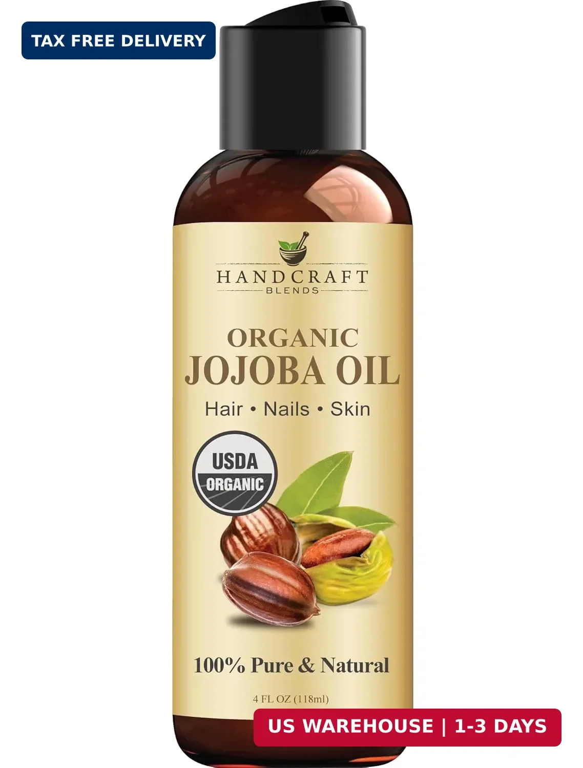 Handcraft Blends USDA Organic Jojoba Oil – Cold-Pressed 4 Fl Oz – 100% Pure and