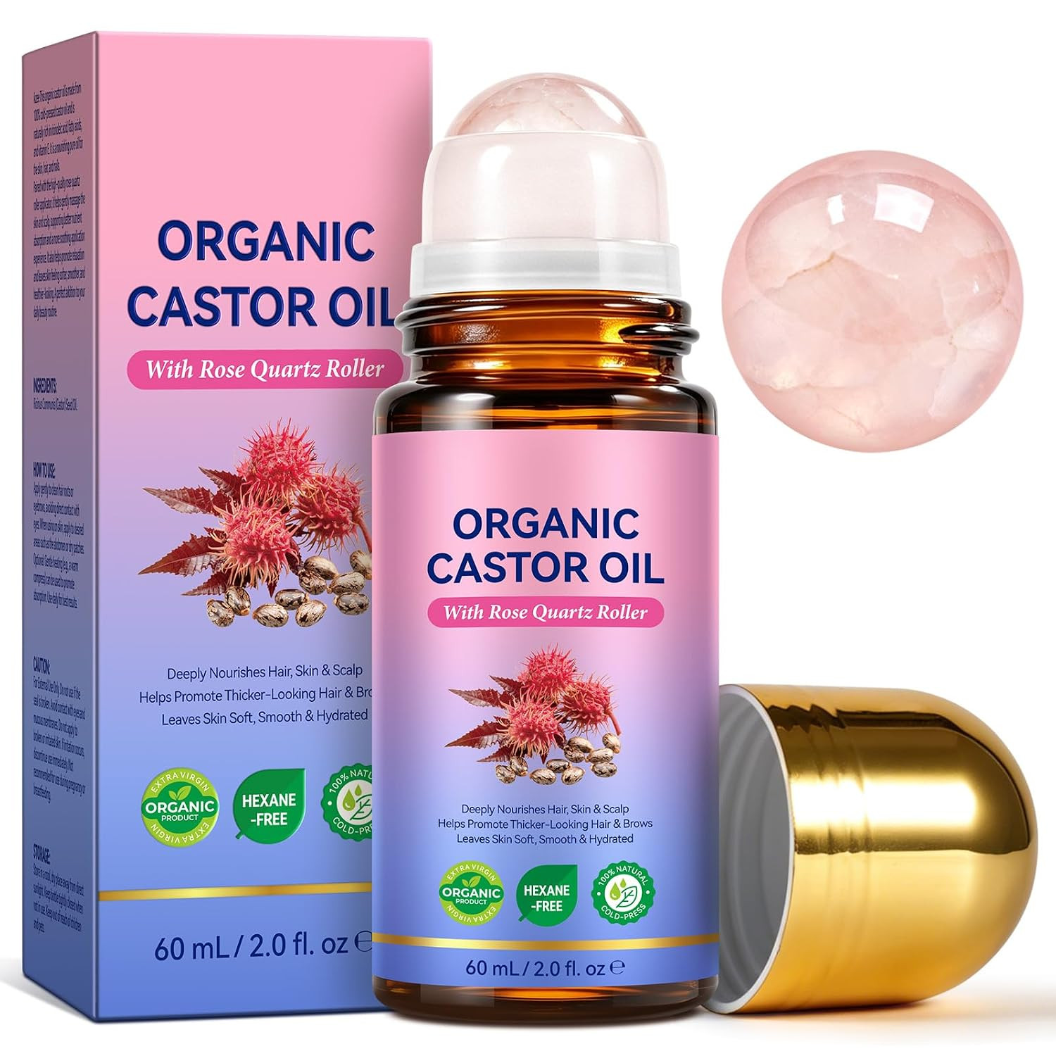 Organic Castor Oil Rose Quartz Roller Ball (2.0 Fl Oz), Pure Cold-Pressed | Cast