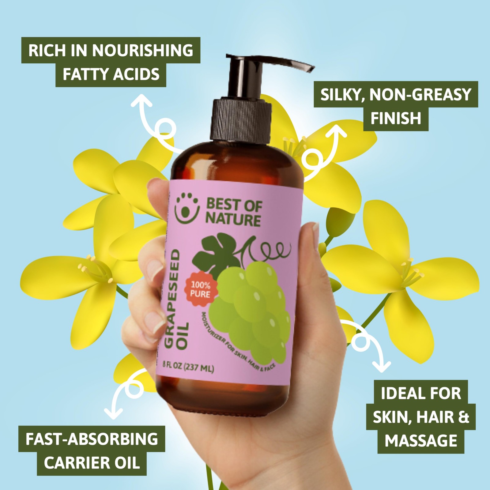 Pure Grapeseed Oil Moisturizer For Hair Skin Face Aromatherapy Carrier Oil 64 oz