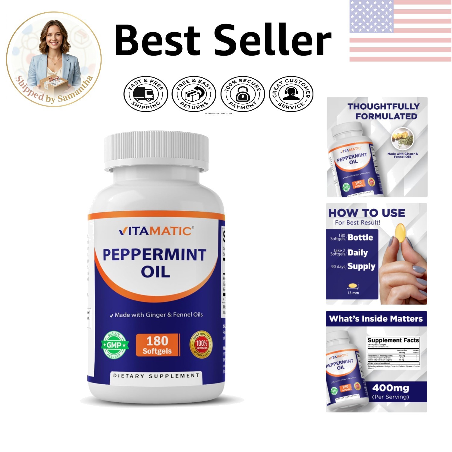 Natural Digestive Health: Peppermint Oil Gel with Ginger & Fennel, 180 Softgels