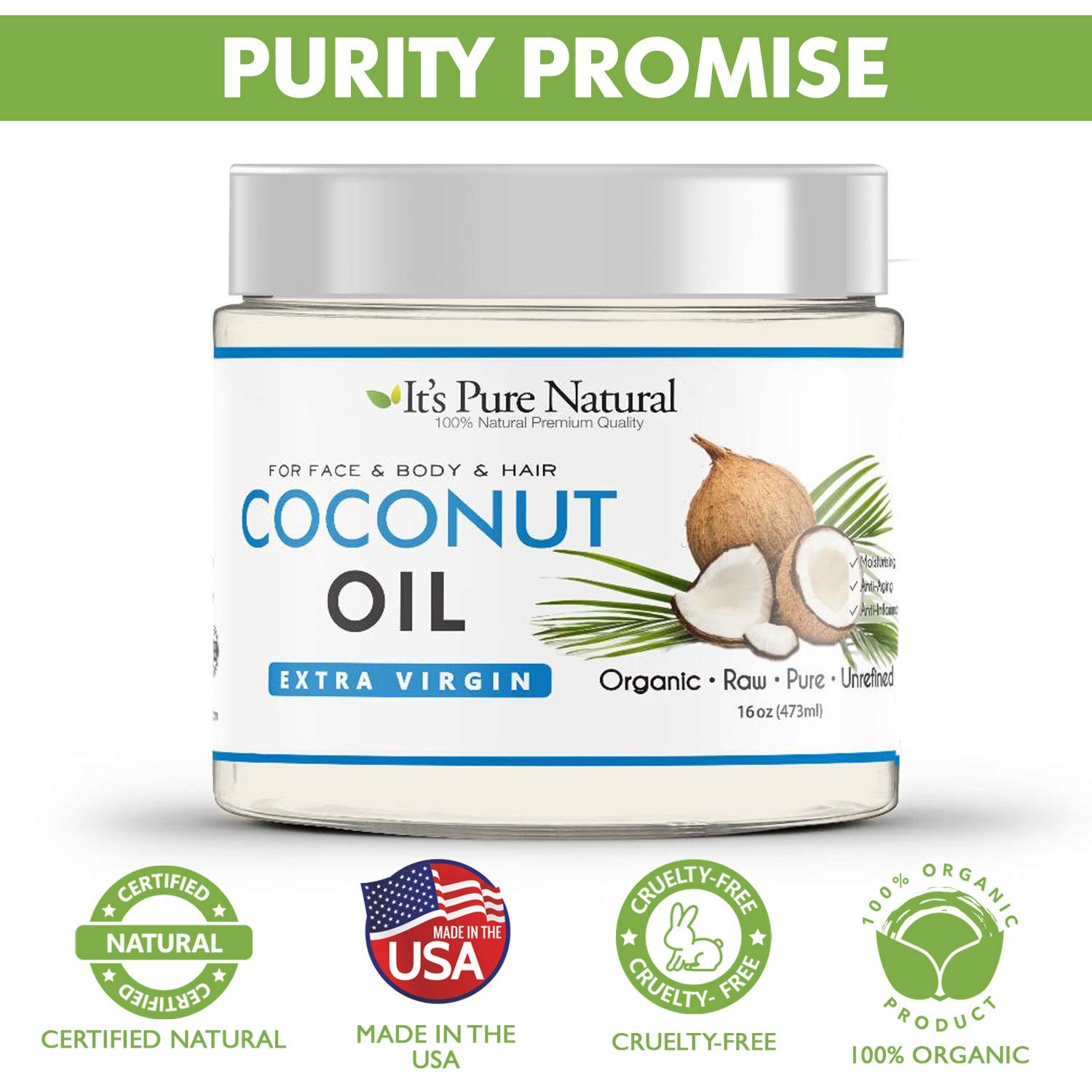 Extra Virgin Organic Unrefined Raw Coconut Oil 16 oz for Skin, Hair, Cuticles…