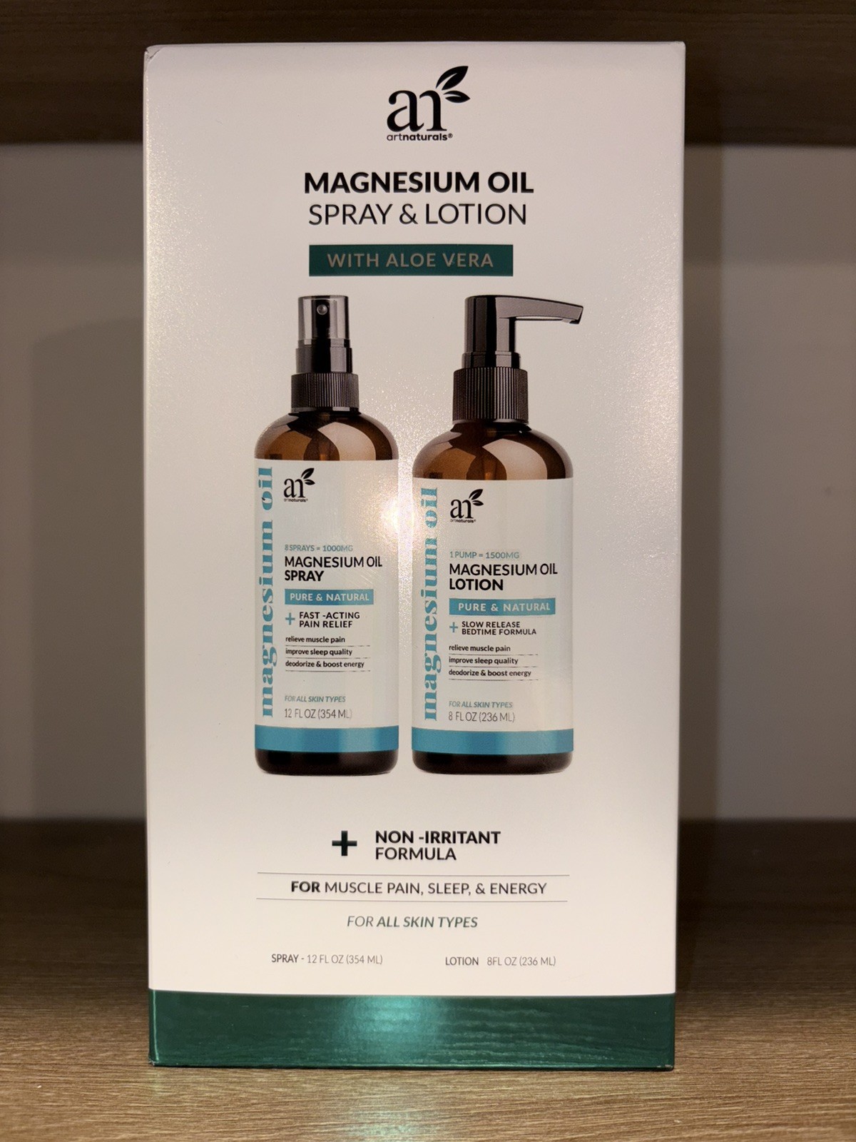 artnaturals Magnesium Oil Spray 12 fl oz + Aloe Vera Massage Lotion 8 fl oz