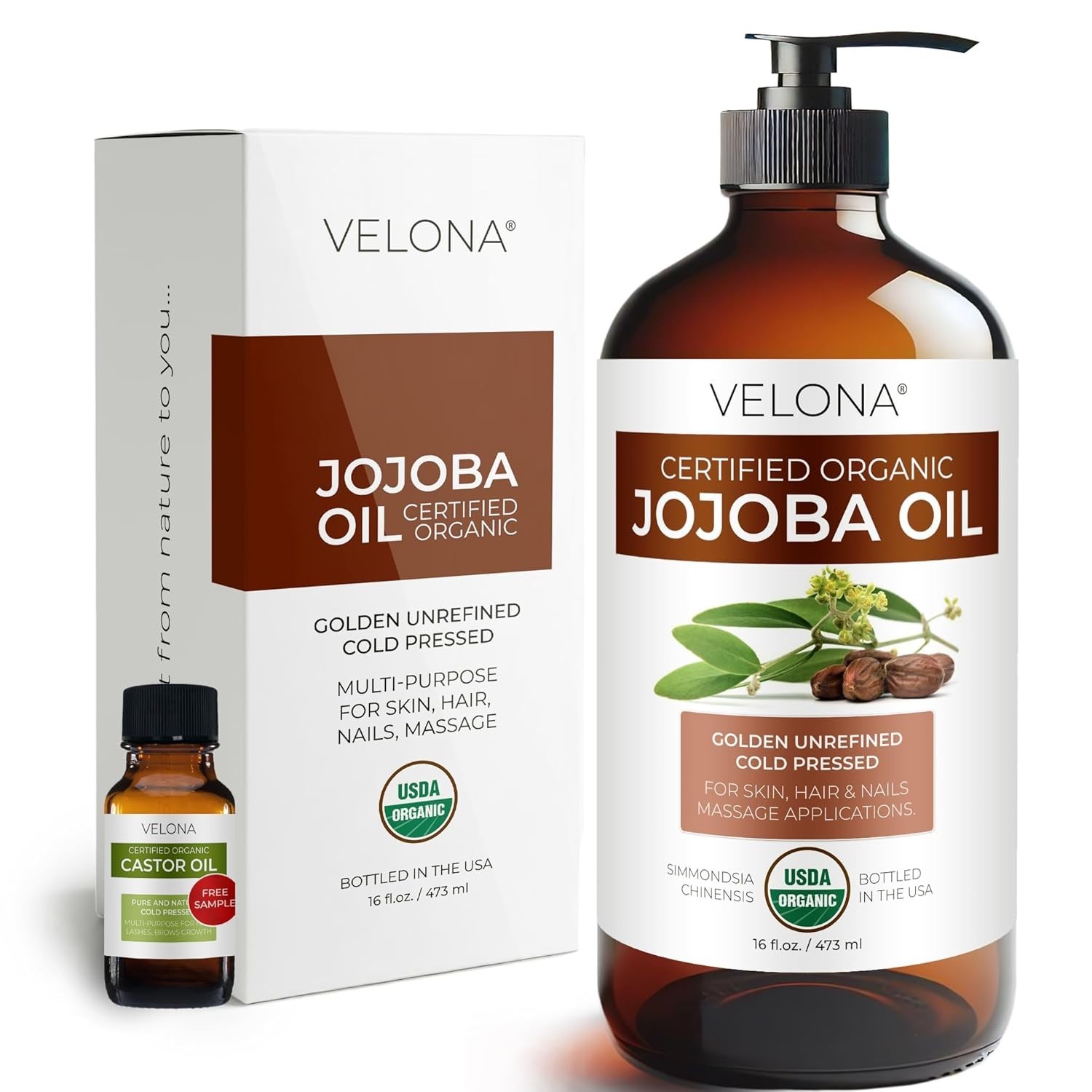 USDA Organic Jojoba Oil – 16 fl oz Glass Bottle, Cold Pressed, Pump