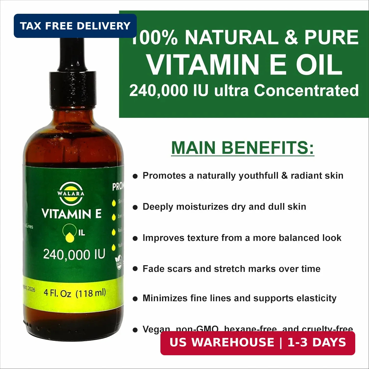 Vitamin E Oil 100% Pure 240,000 IU (4oz) | Natural, Non-GMO, for Skin, Hair, Pre