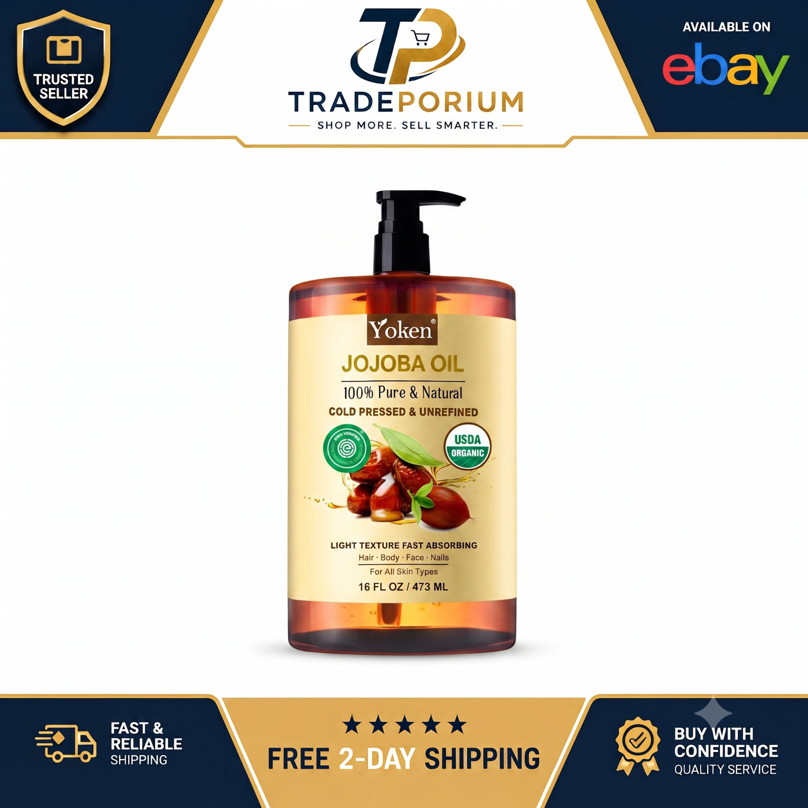 Yoken Pure Organic Jojoba Oil 16 fl oz USDA Certified 100% Natural Cold Pressed