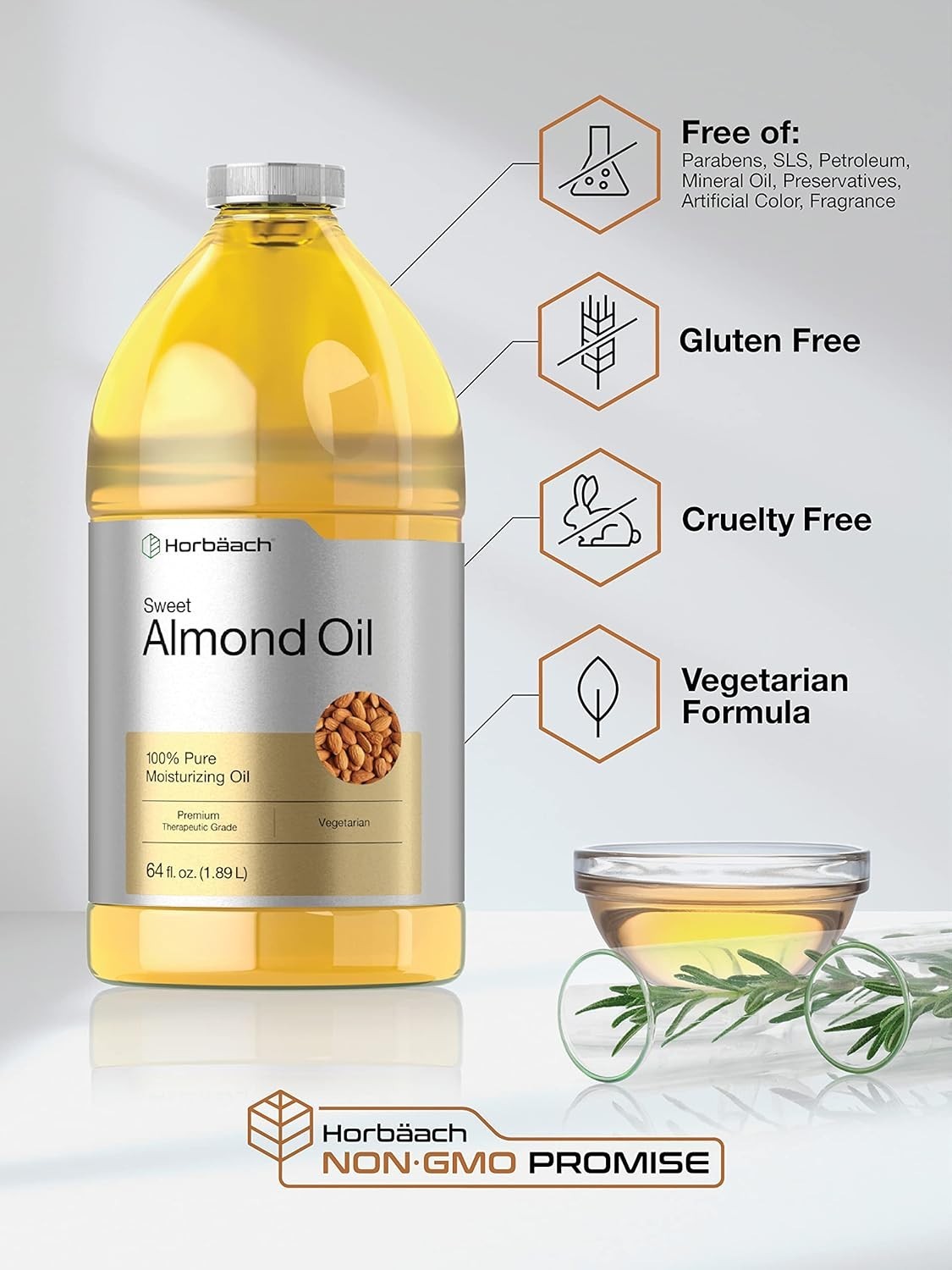 Moisturizing Sweet Almond Oil, 64 Oz Bottle for Dryness Relief and Anti-Aging