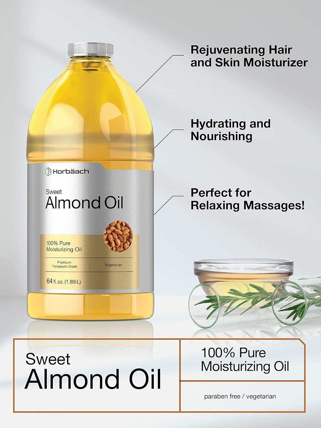 Moisturizing Sweet Almond Oil, 64 Oz Bottle for Dryness Relief and Anti-Aging