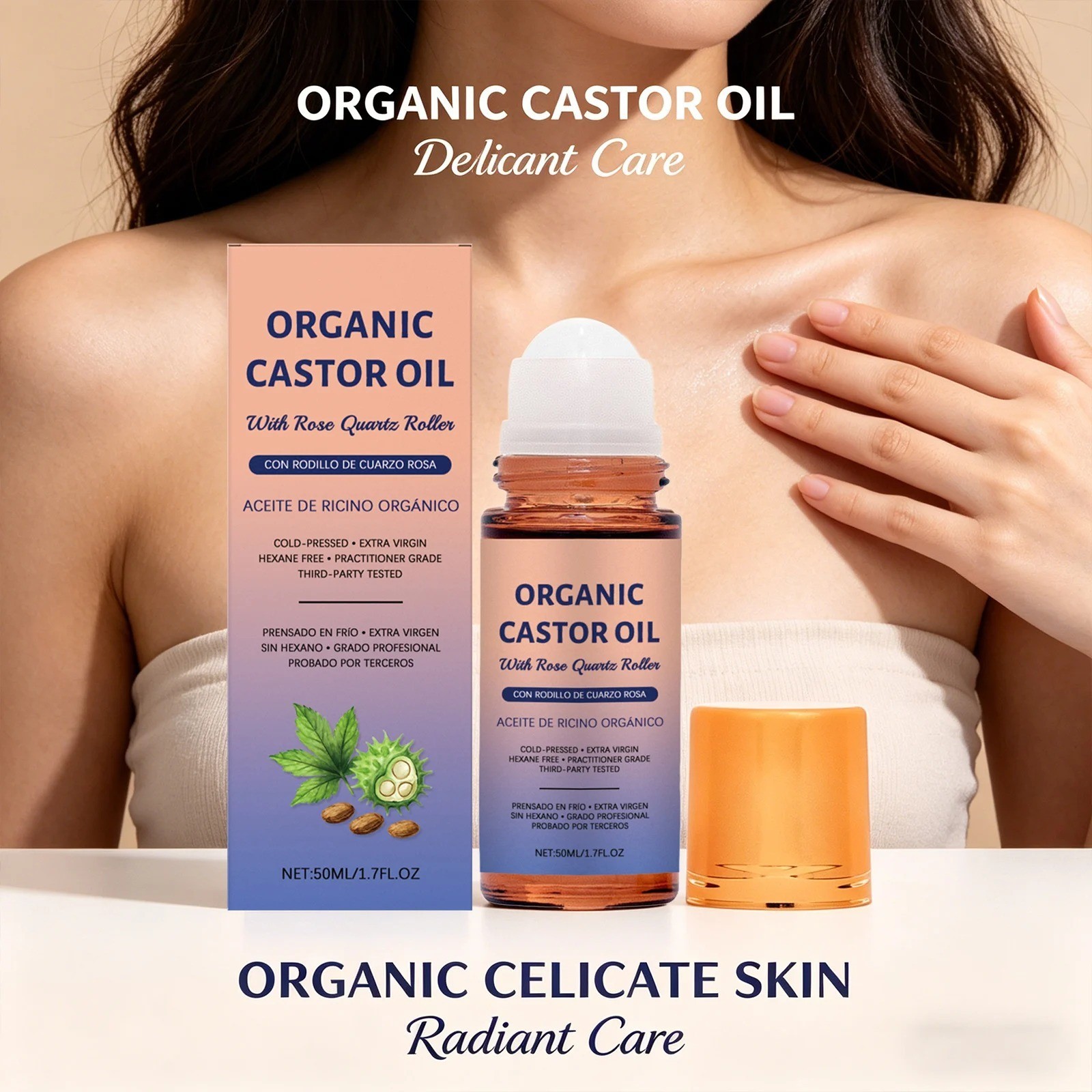 1~3pcs Organic Golden Castor Oil Roll-On with Rose Quartz for Skin,Hair&Wrinkle