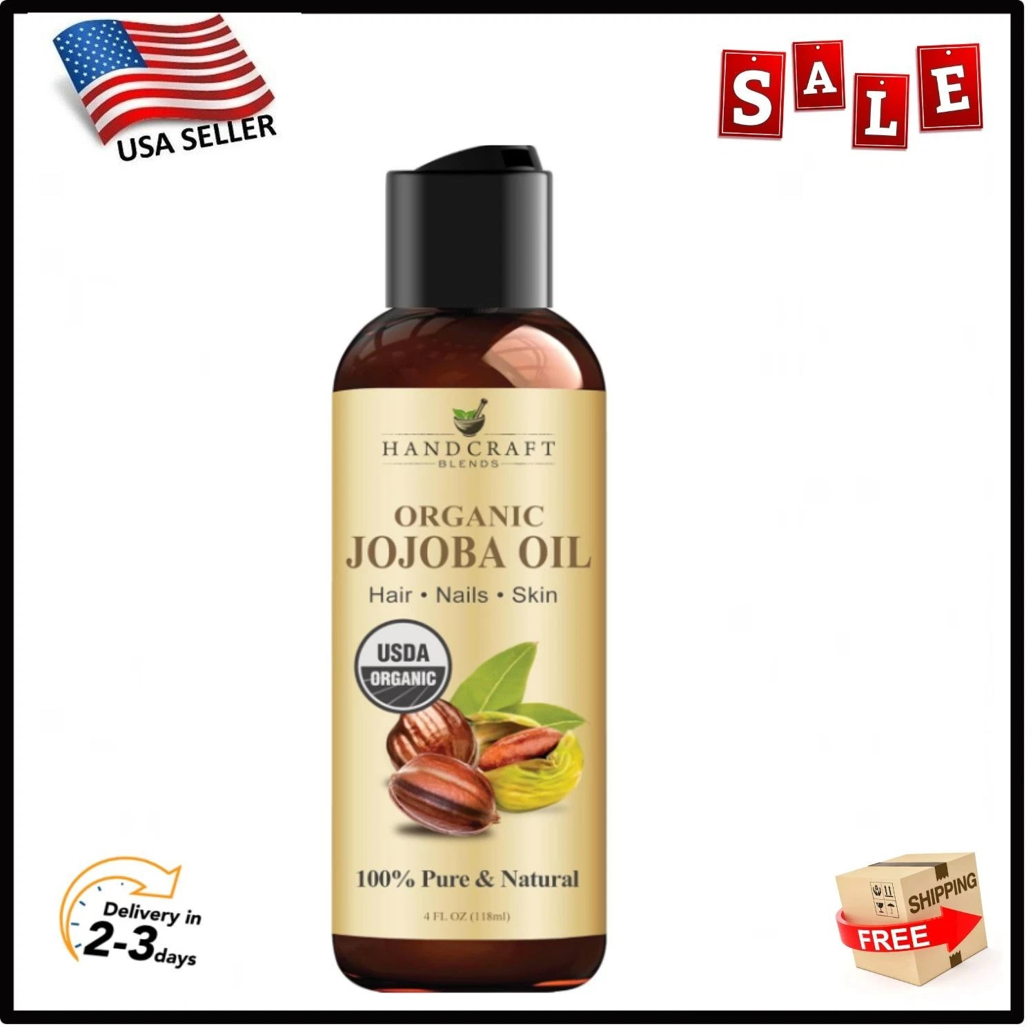 Handcraft Blends USDA Organic Jojoba Oil – Cold-Pressed 4 Fl Oz – 100% Pure and