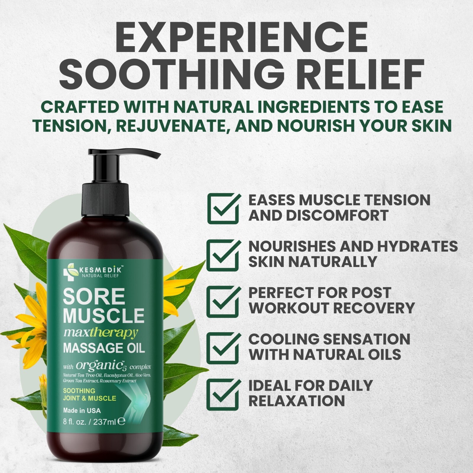 Sore Muscle Massage Oil 8 oz 5-Pack Arnica Eucalyptus Tea Tree Deep Relief