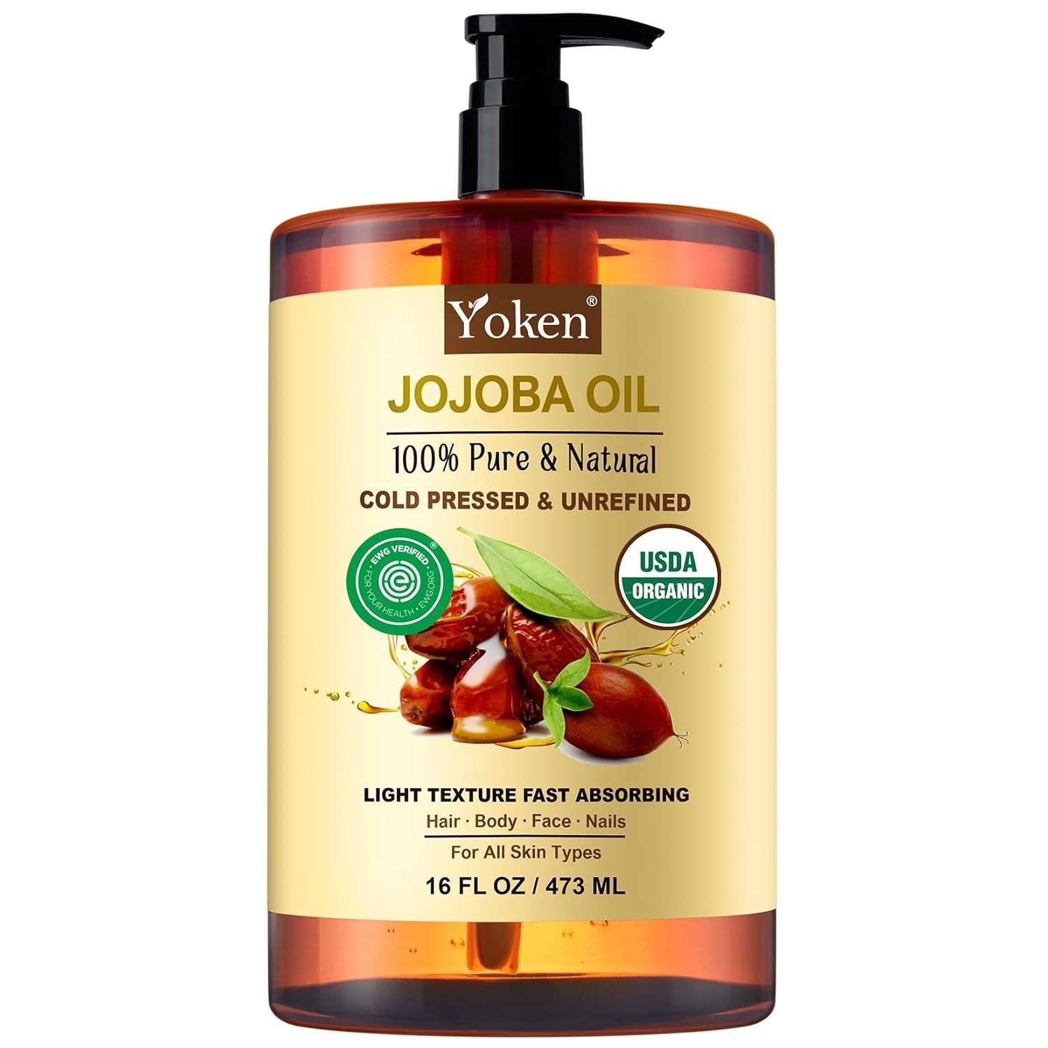 Yoken Pure Organic Jojoba Oil 16 fl oz USDA Certified 100% Natural Cold Pressed